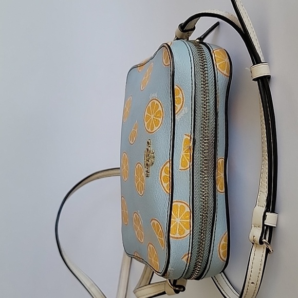 COACH BLUE CAMERA CROSSBODY BAG WITH ORANGES ALL OVER - Picture 7 of 11